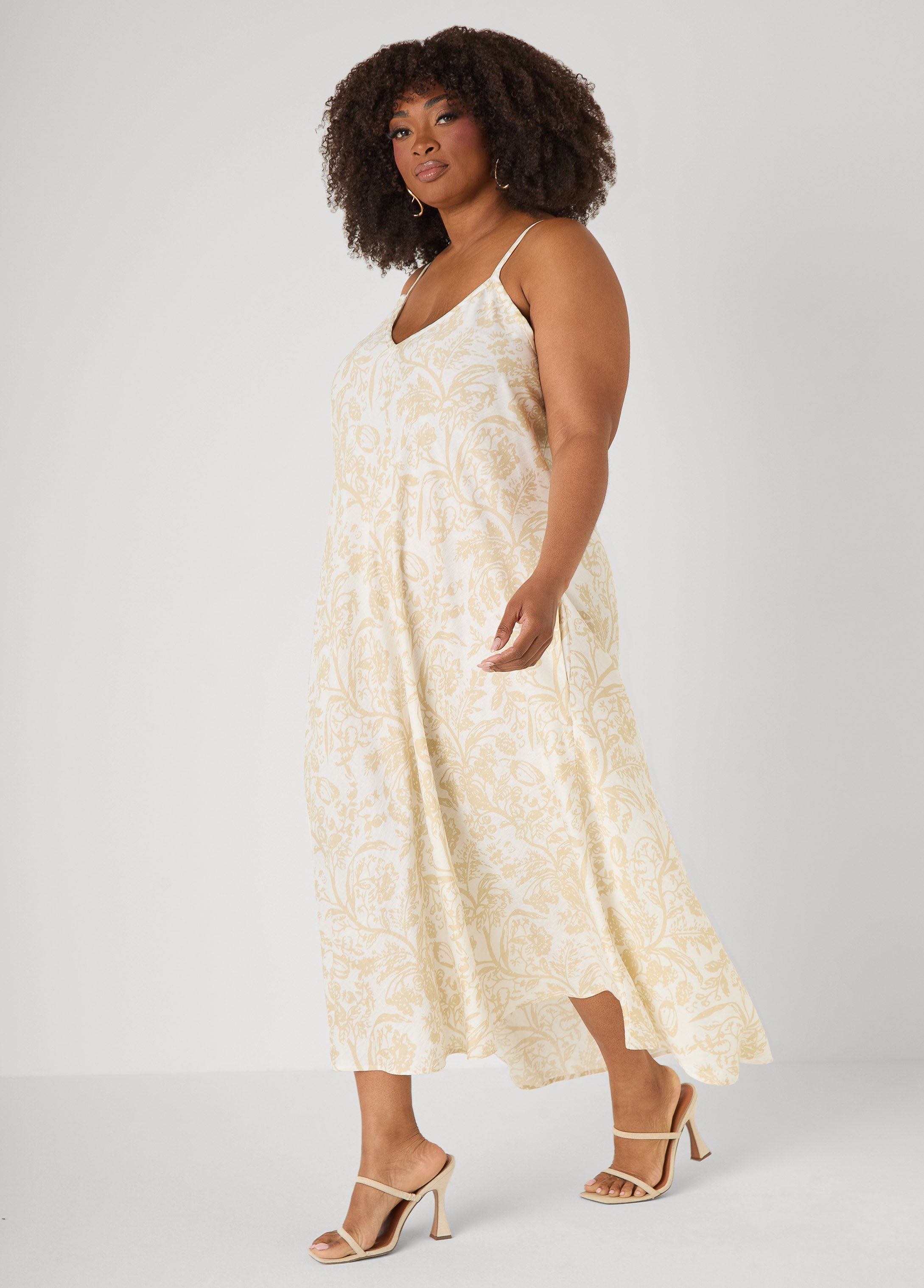 Floral Print V Neck Midaxi Dress White | Ashley Stewart