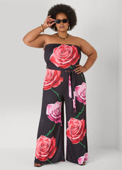 Strapless Rose Print Jumpsuit Black Combo | Ashley Stewart