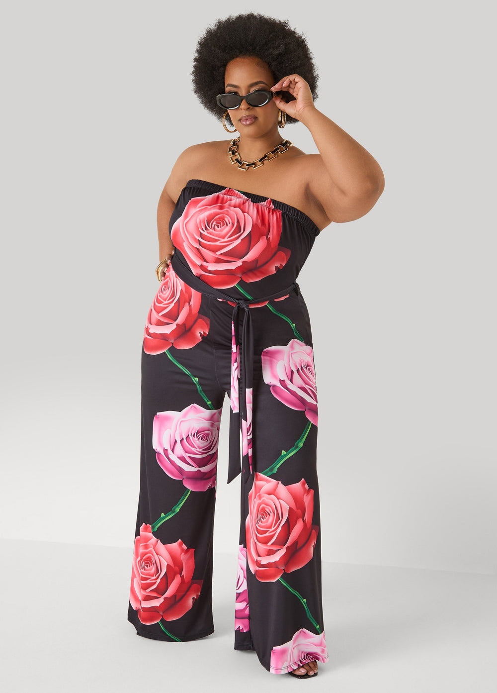 Strapless Rose Print Jumpsuit Black Combo | Ashley Stewart