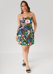 Strapless Printed Romper Black Combo | Ashley Stewart