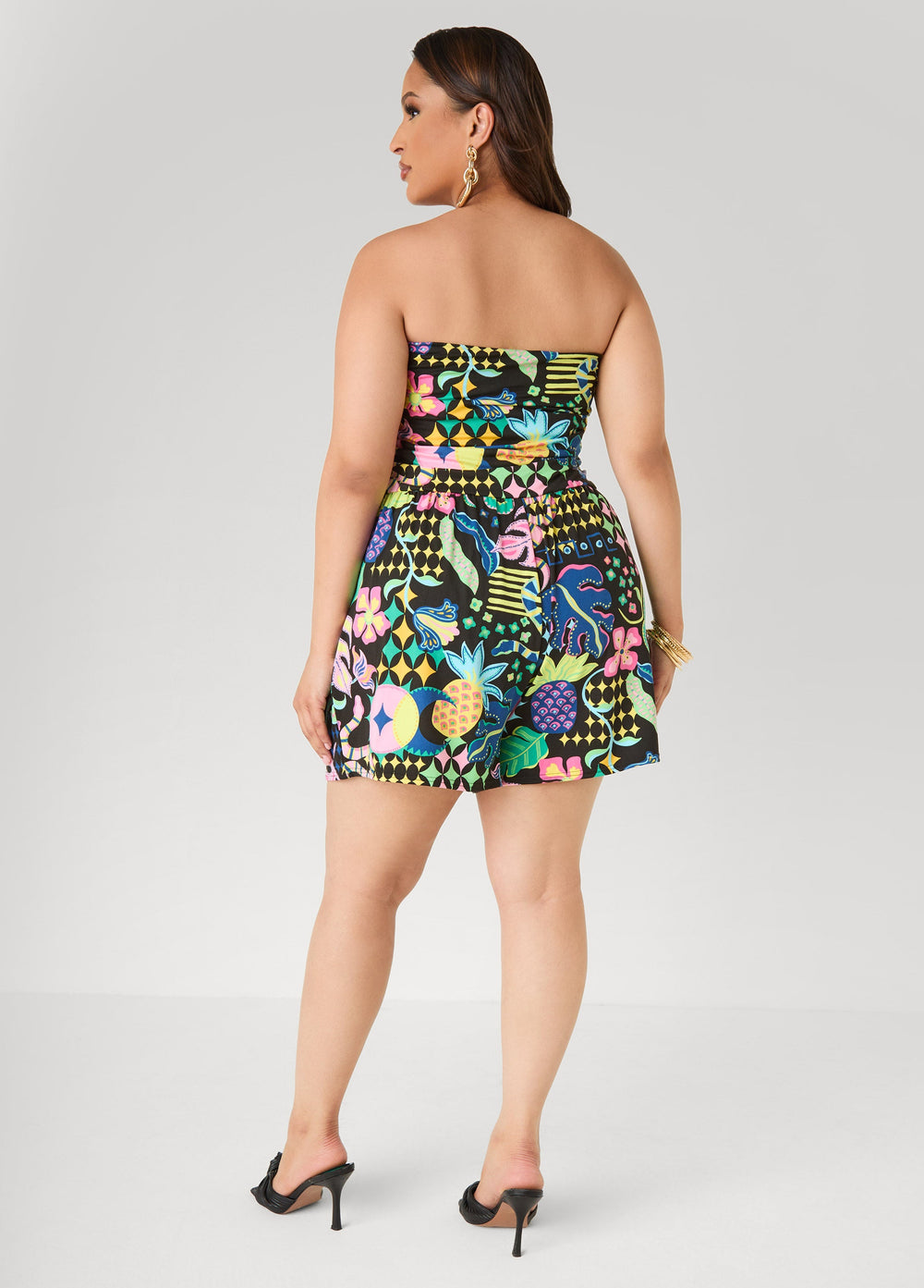 Strapless Printed Romper Black Combo | Ashley Stewart