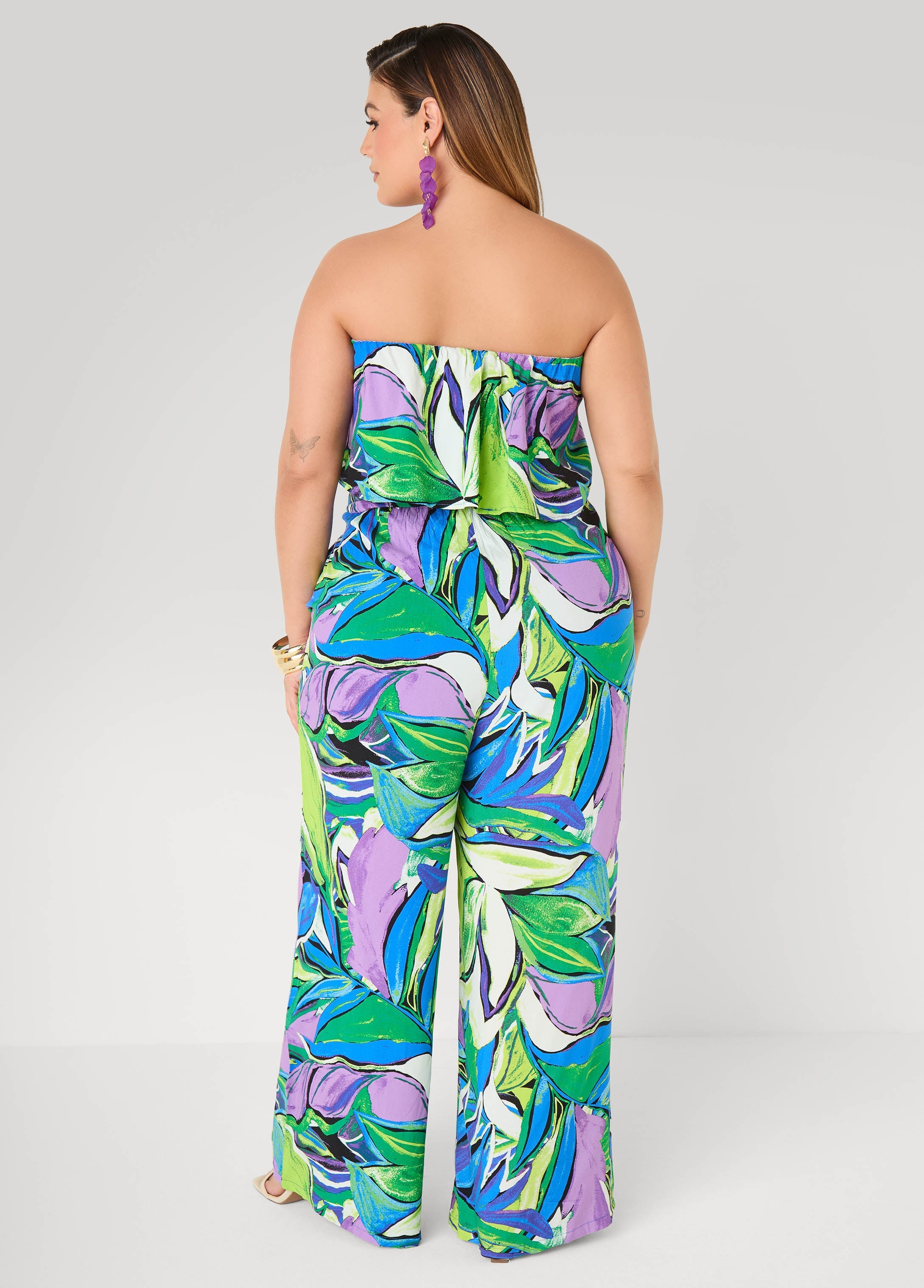 Strapless Leaf Print Jumpsuit Victoria Blue | Ashley Stewart