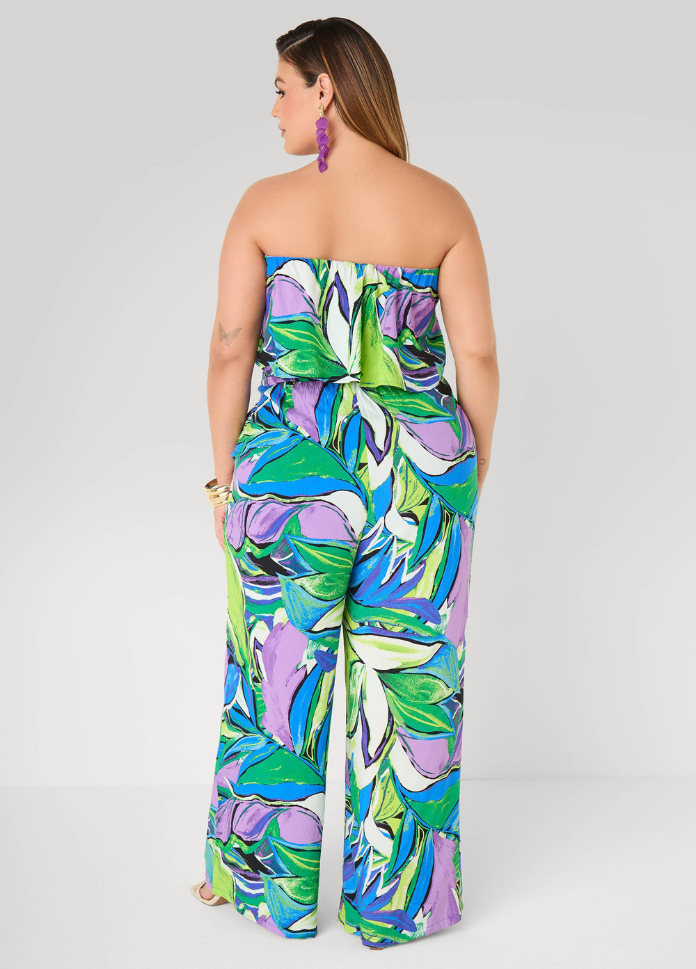 Strapless Leaf Print Jumpsuit Victoria Blue | Ashley Stewart