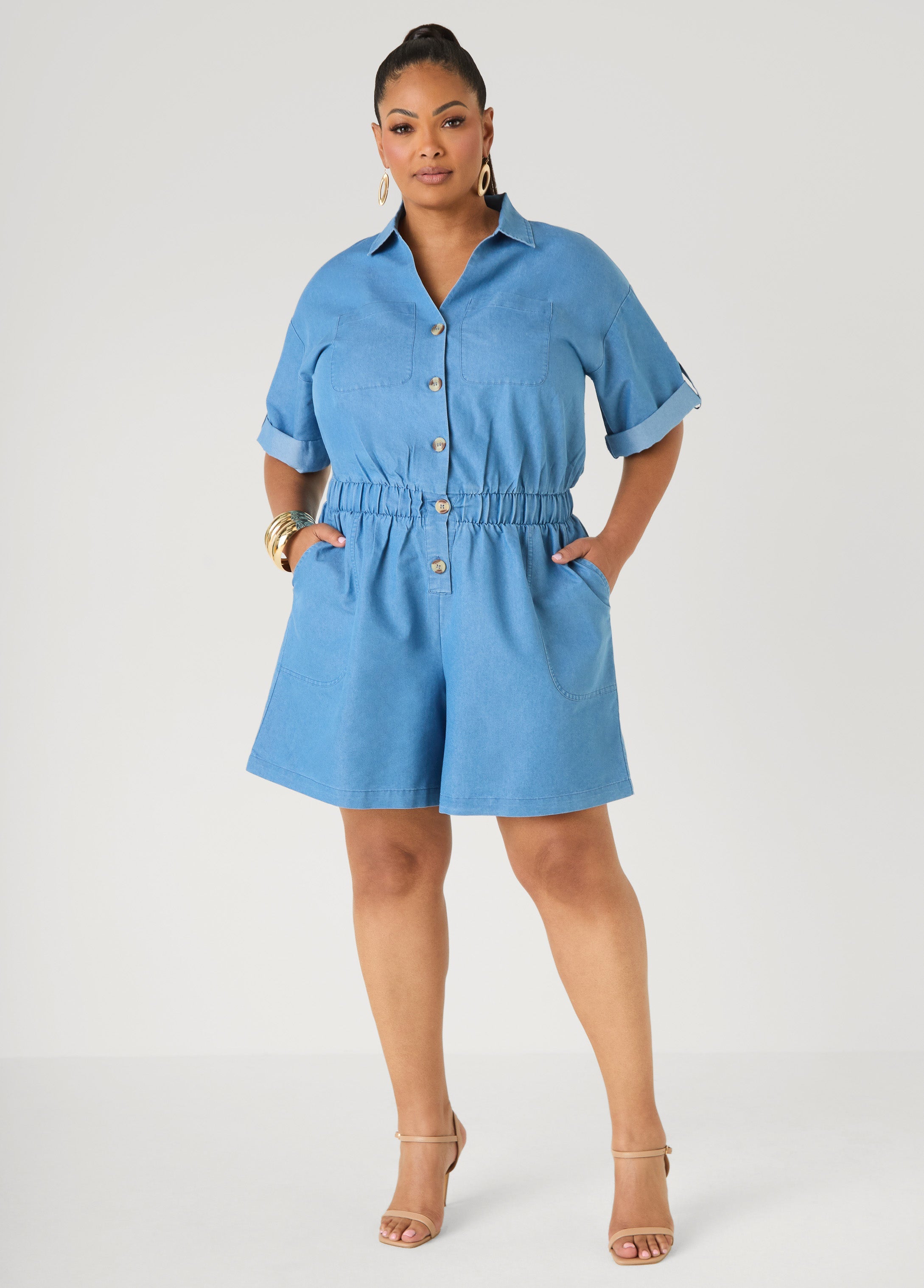 Cuffed Chambray Romper Denim | Ashley Stewart