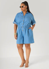 Cuffed Chambray Romper Denim | Ashley Stewart