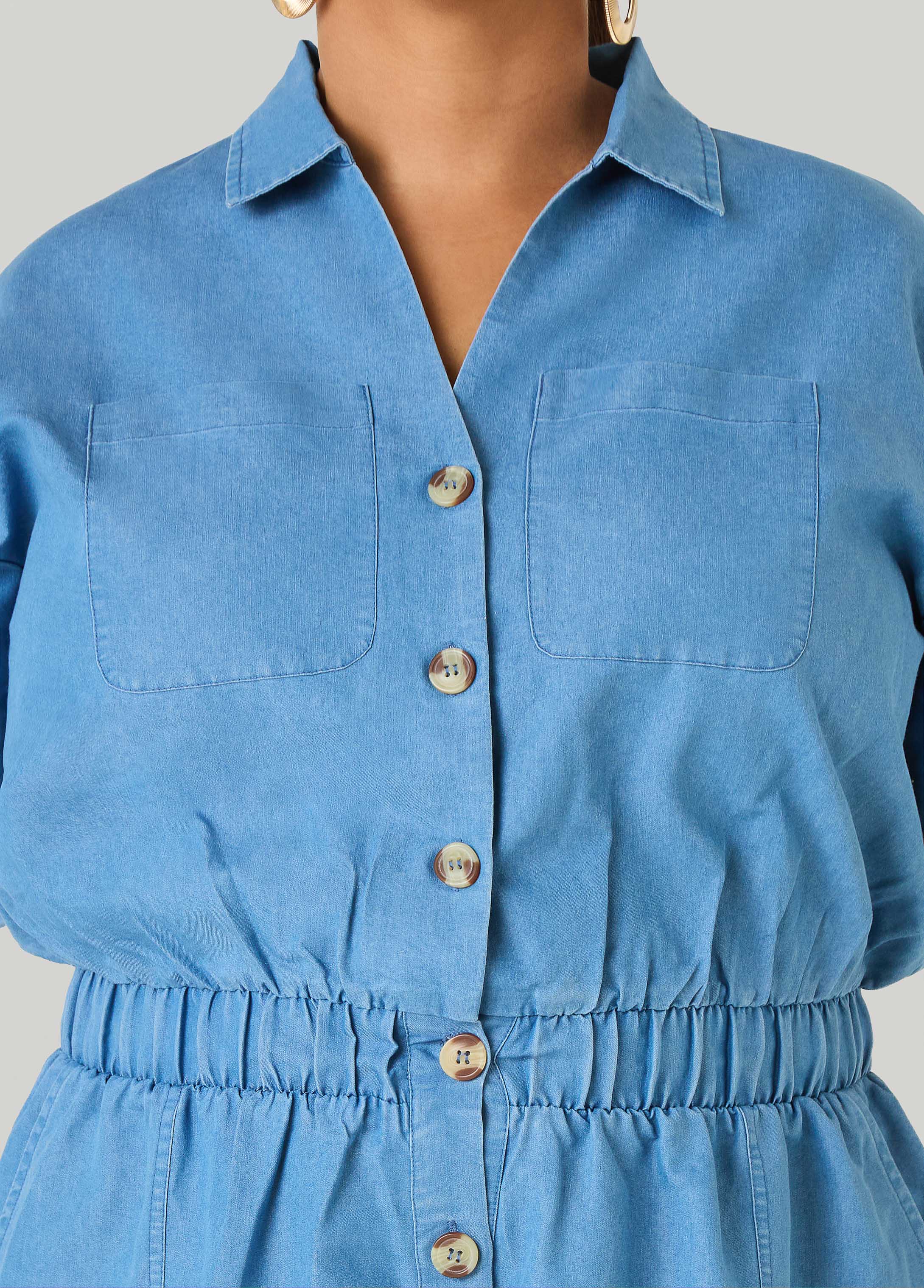 Cuffed Chambray Romper Denim | Ashley Stewart