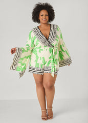 Drama Sleeved Printed Romper Bud Green | Ashley Stewart