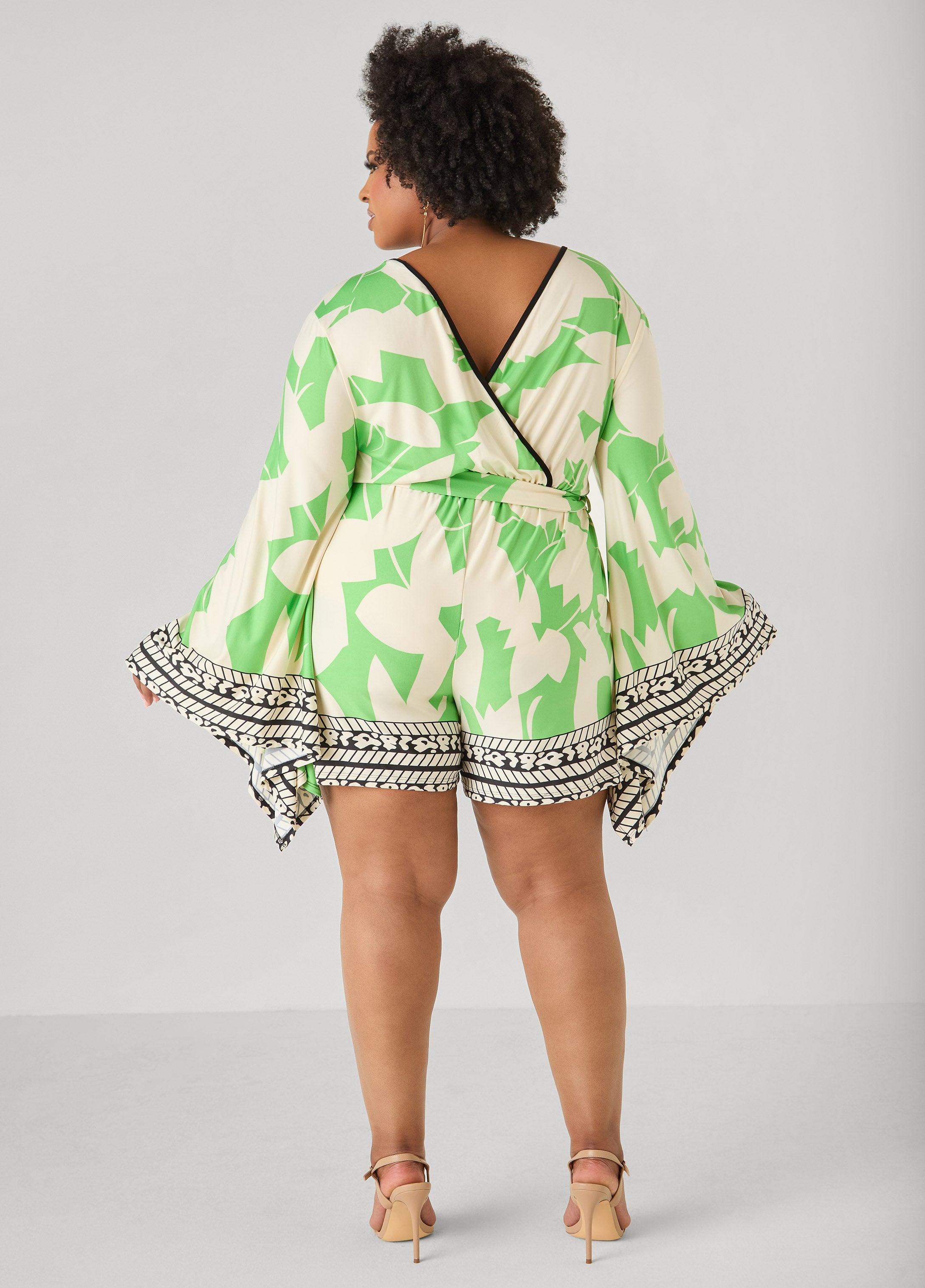 Drama Sleeved Printed Romper Bud Green | Ashley Stewart