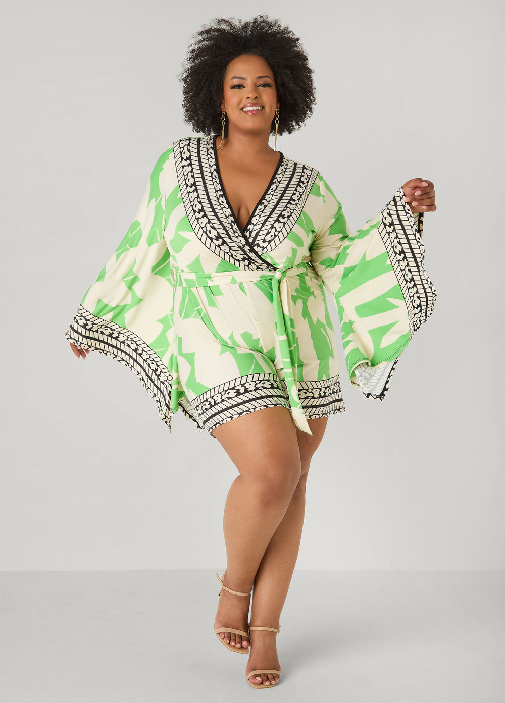 Drama Sleeved Printed Romper Bud Green | Ashley Stewart