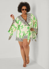 Drama Sleeved Printed Romper Bud Green | Ashley Stewart