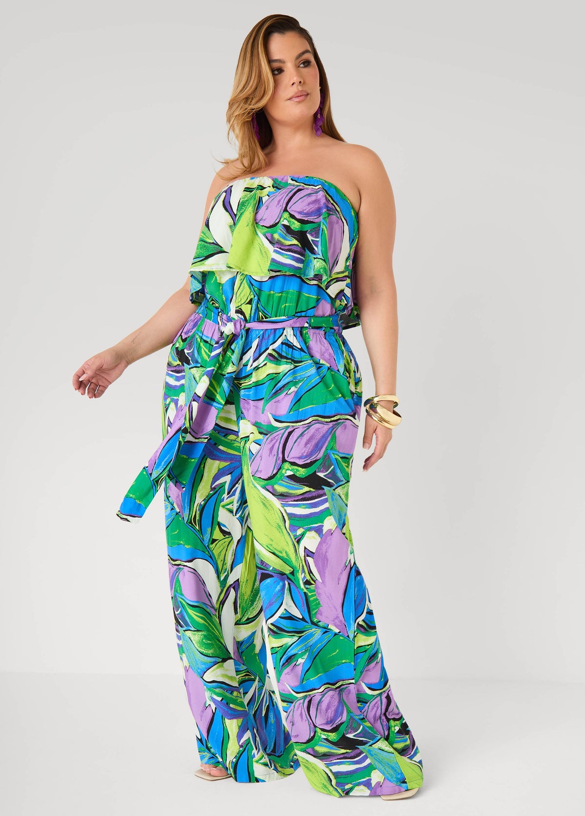 Tall Strapless Leaf Print Jumpsuit Victoria Blue | Ashley Stewart