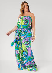 Tall Strapless Leaf Print Jumpsuit Victoria Blue | Ashley Stewart