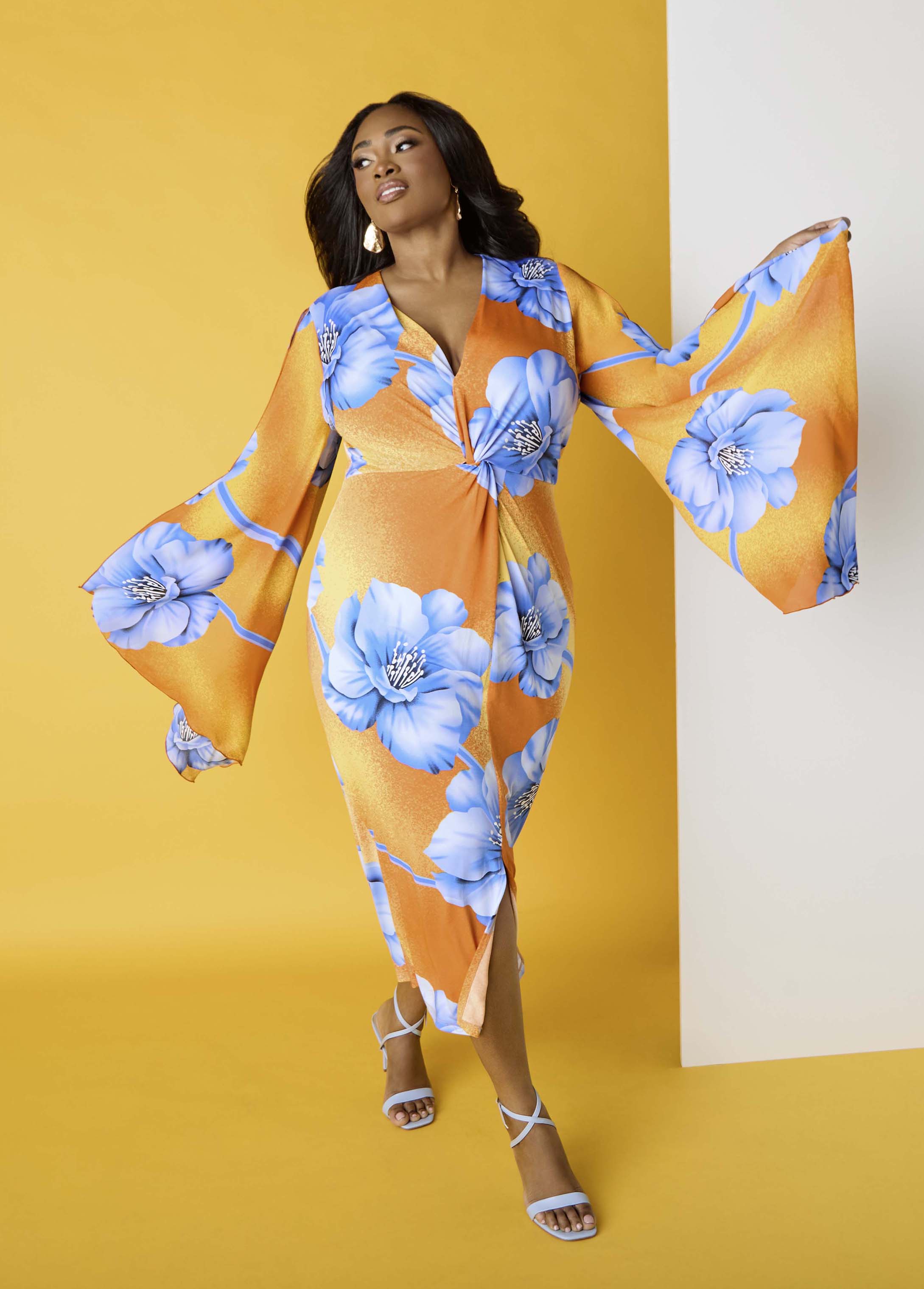 Split Sleeve Tropical Print Dress Persimmon Orange | Ashley Stewart