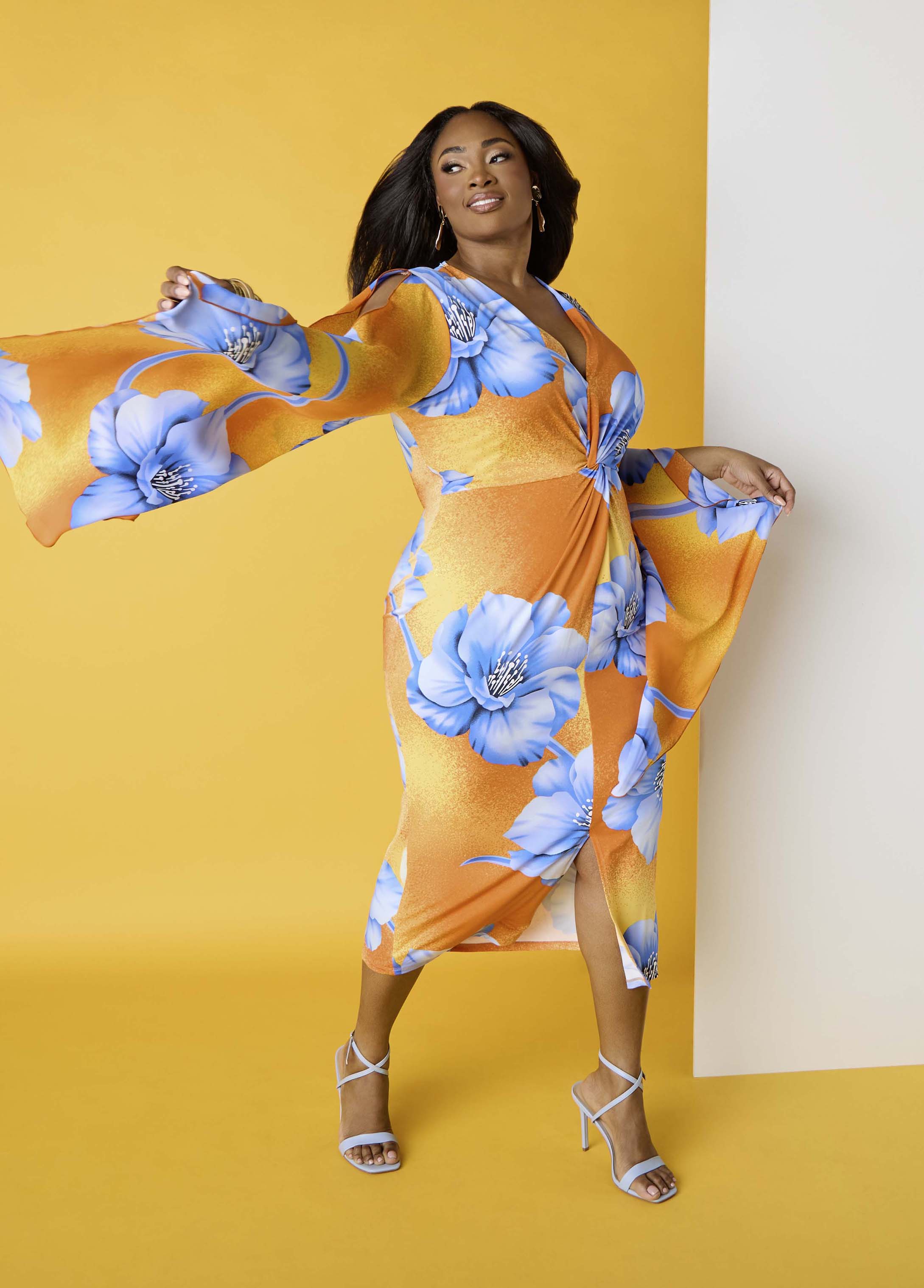 Split Sleeve Tropical Print Dress Persimmon Orange | Ashley Stewart