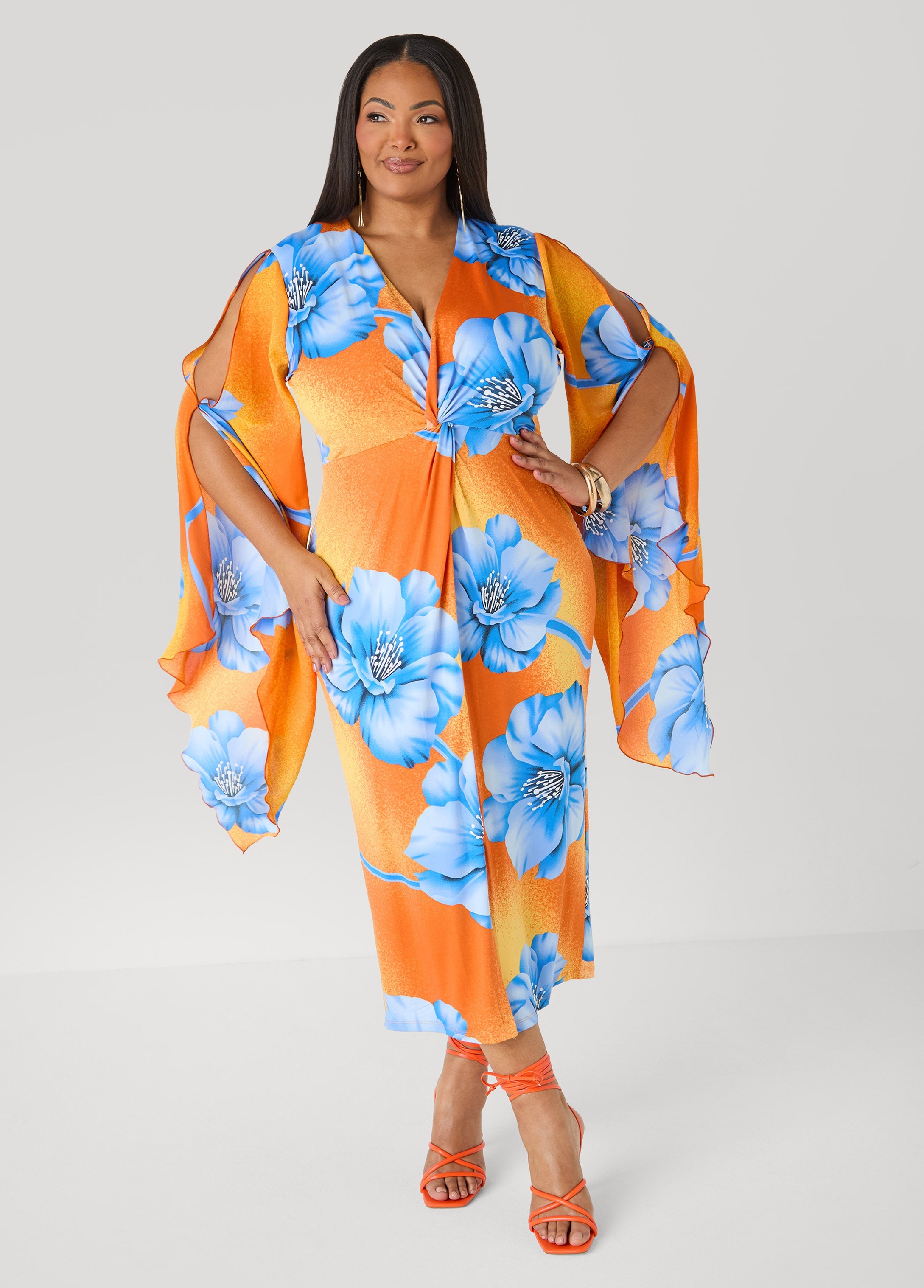 Split Sleeve Tropical Print Dress Persimmon Orange | Ashley Stewart