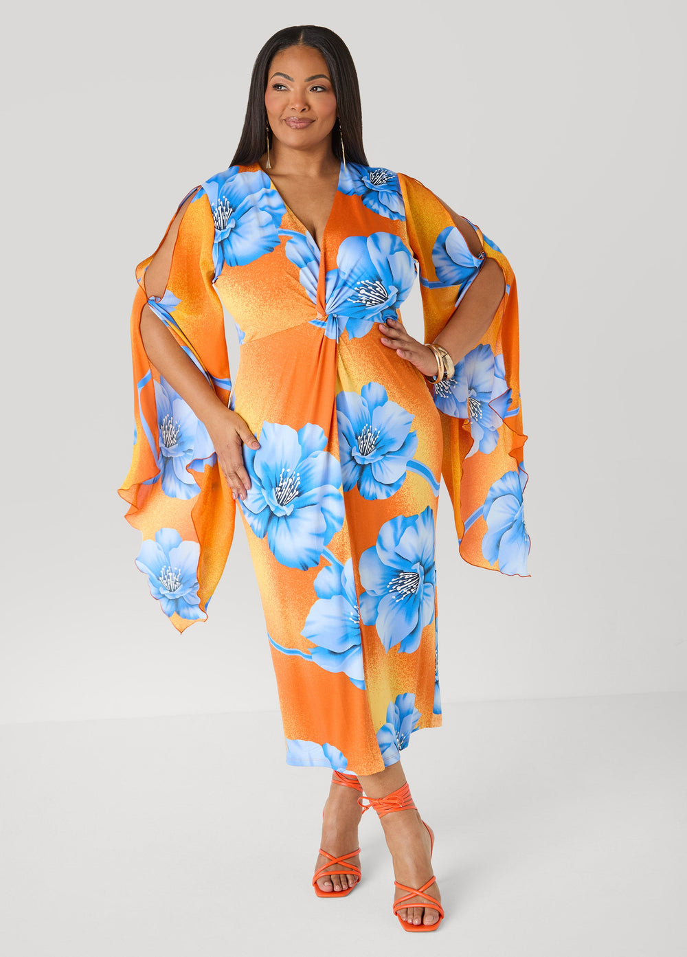 Split Sleeve Tropical Print Dress Persimmon Orange | Ashley Stewart