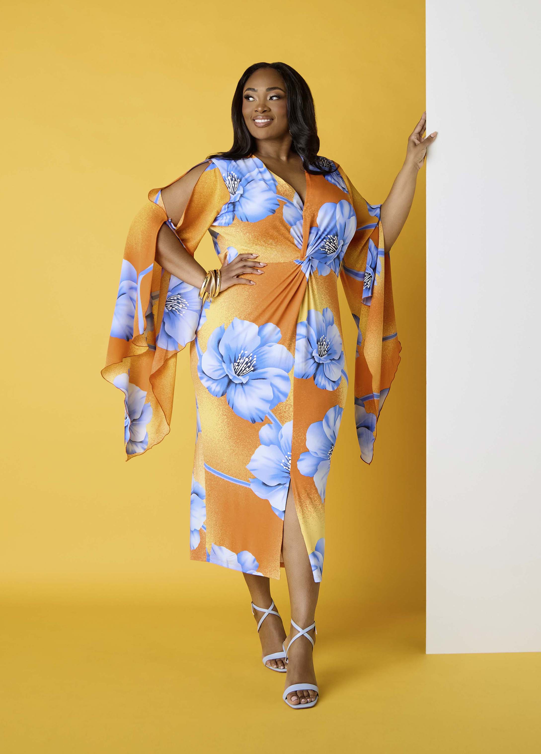 Split Sleeve Tropical Print Dress Persimmon Orange | Ashley Stewart