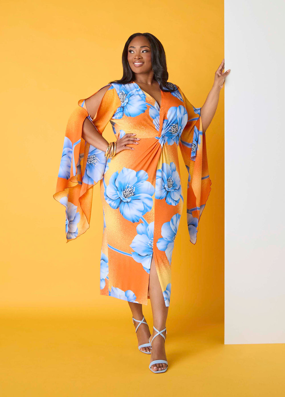 Split Sleeve Tropical Print Dress Persimmon Orange | Ashley Stewart