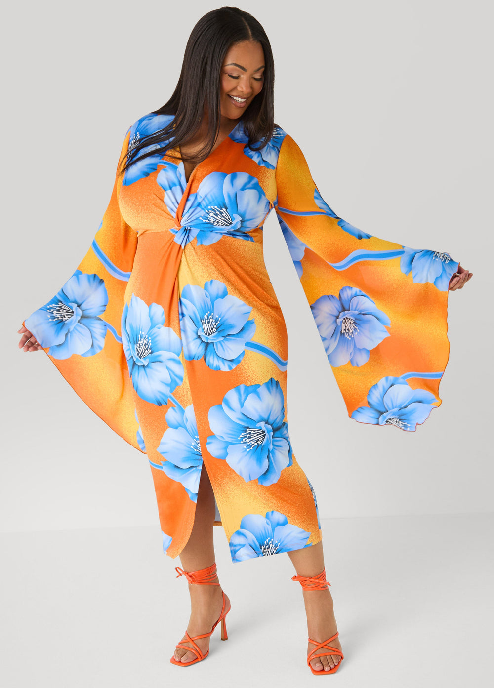 Split Sleeve Tropical Print Dress Persimmon Orange | Ashley Stewart