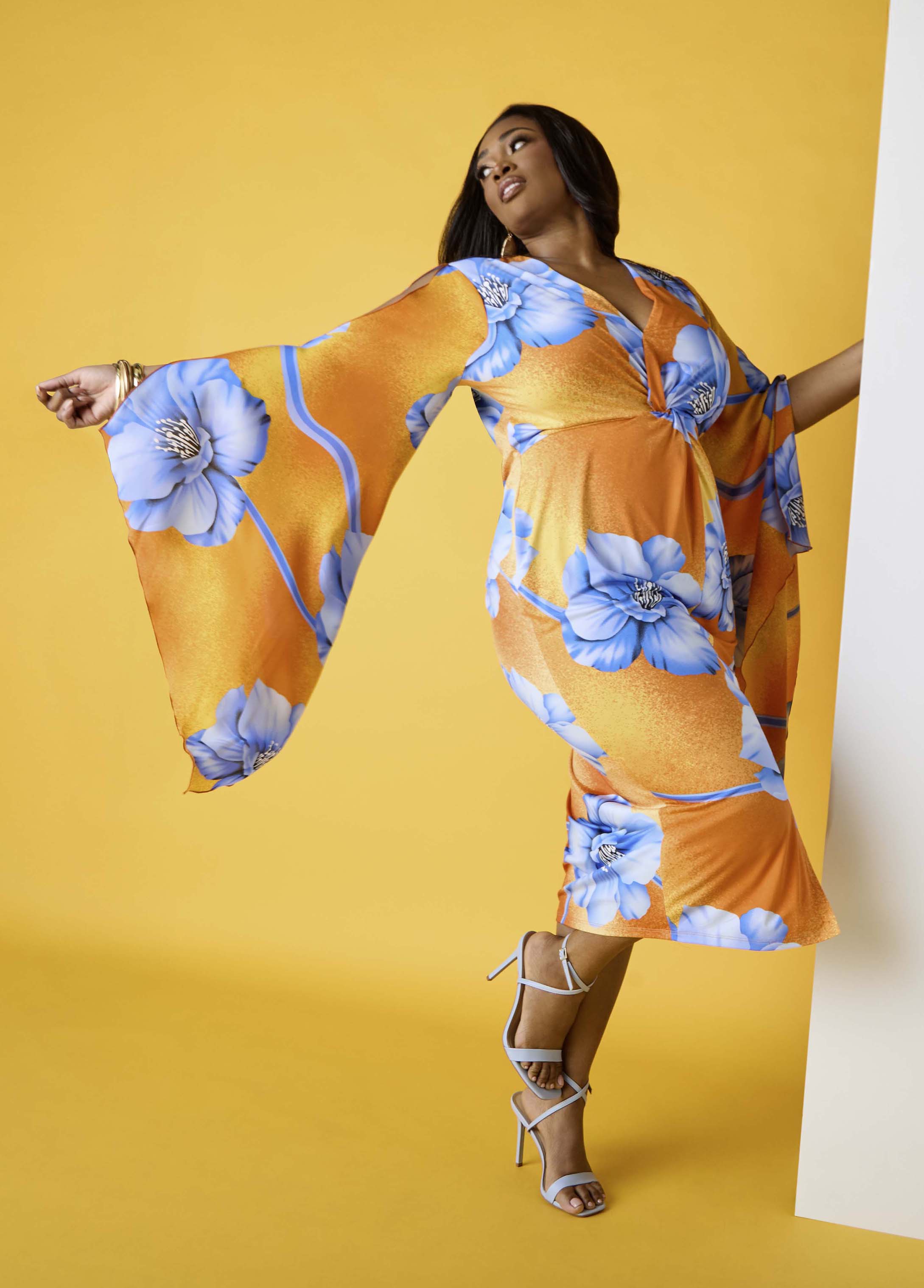 Split Sleeve Tropical Print Dress Persimmon Orange | Ashley Stewart