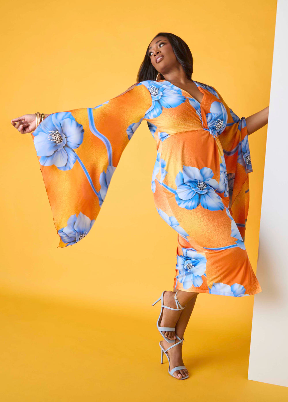 Split Sleeve Tropical Print Dress Persimmon Orange | Ashley Stewart