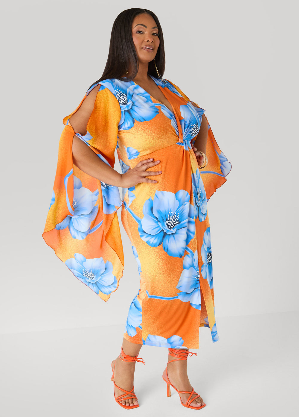 Split Sleeve Tropical Print Dress Persimmon Orange | Ashley Stewart