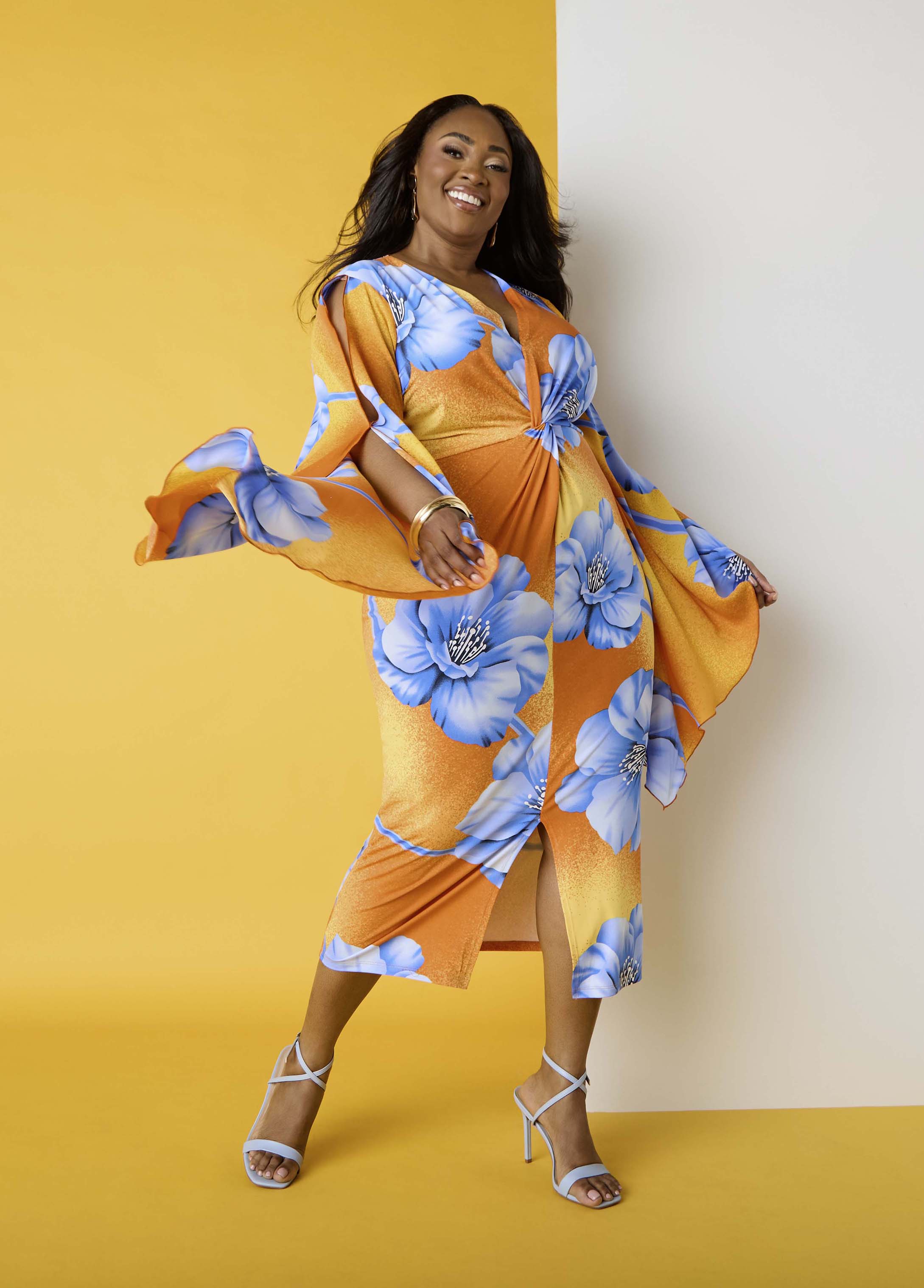 Split Sleeve Tropical Print Dress Persimmon Orange | Ashley Stewart