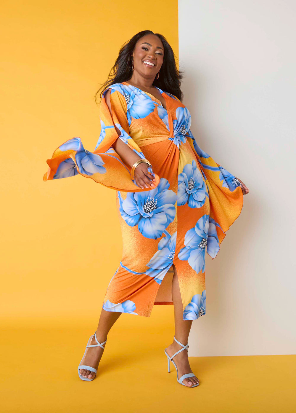Split Sleeve Tropical Print Dress Persimmon Orange | Ashley Stewart