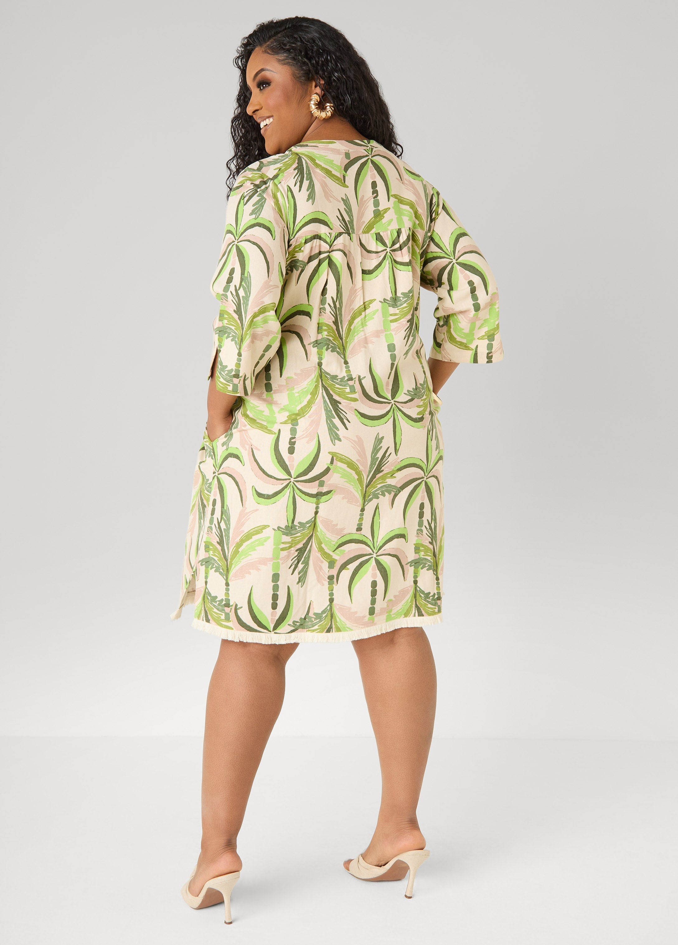 Palm Print Linen Blend Dress Olive | Ashley Stewart