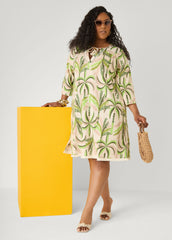 Palm Print Linen Blend Dress Olive | Ashley Stewart