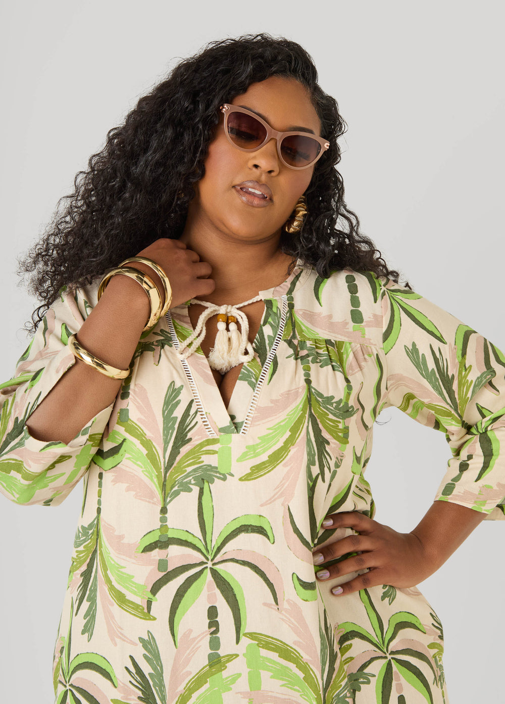 Palm Print Linen Blend Dress Olive | Ashley Stewart