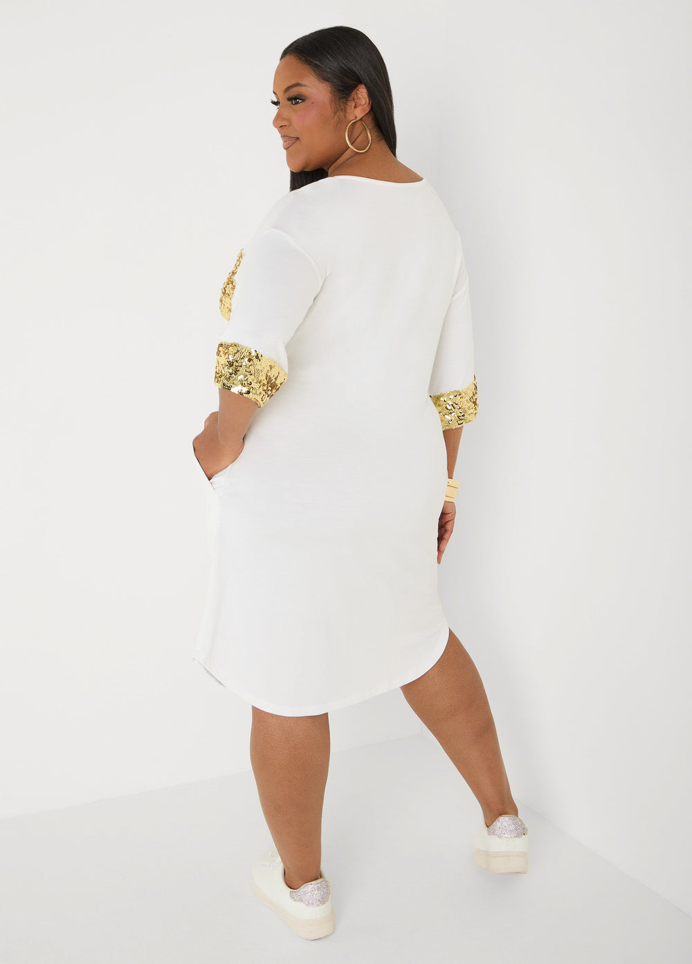 Sequined Terry T Shirt Dress White | Ashley Stewart