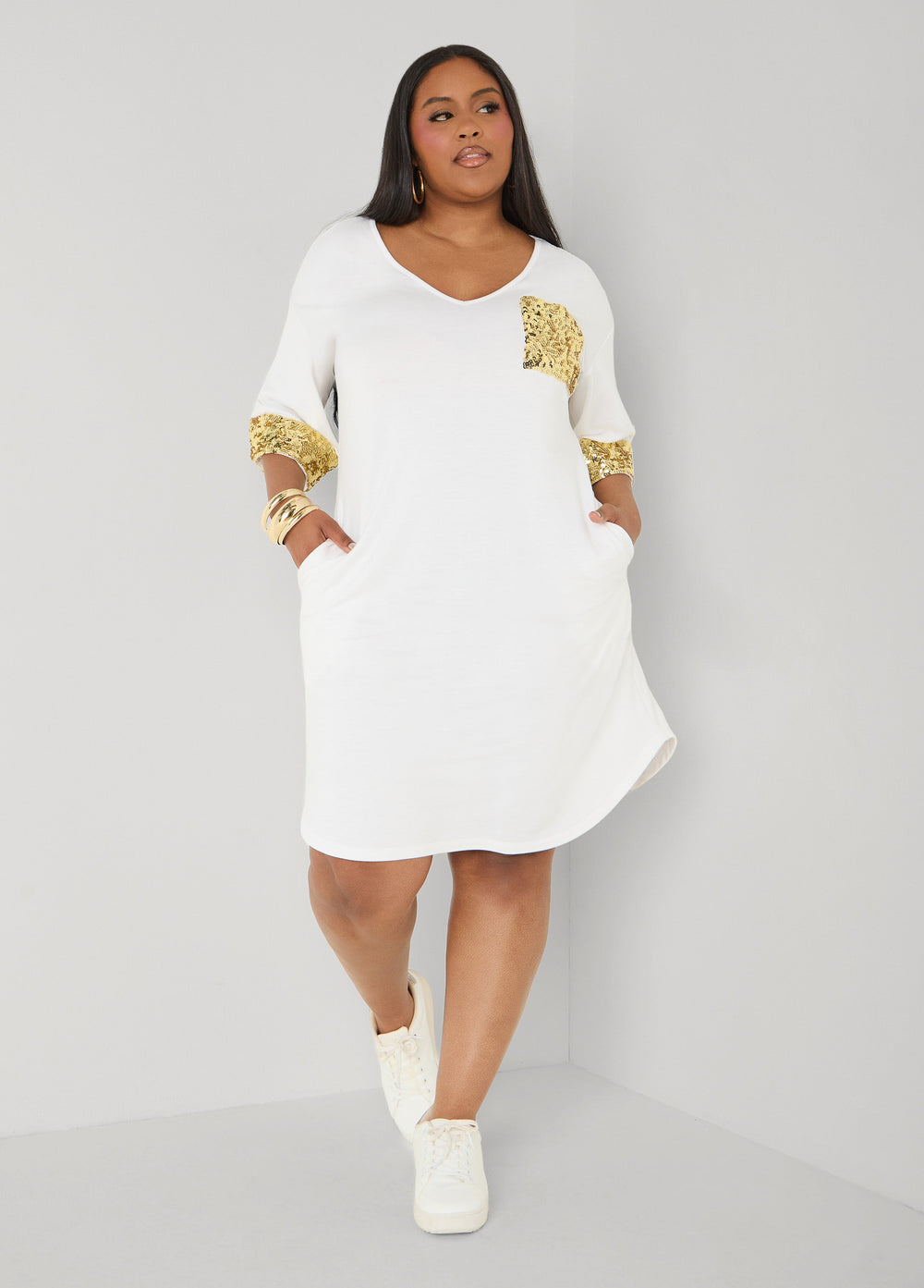 Sequined Terry T Shirt Dress White | Ashley Stewart