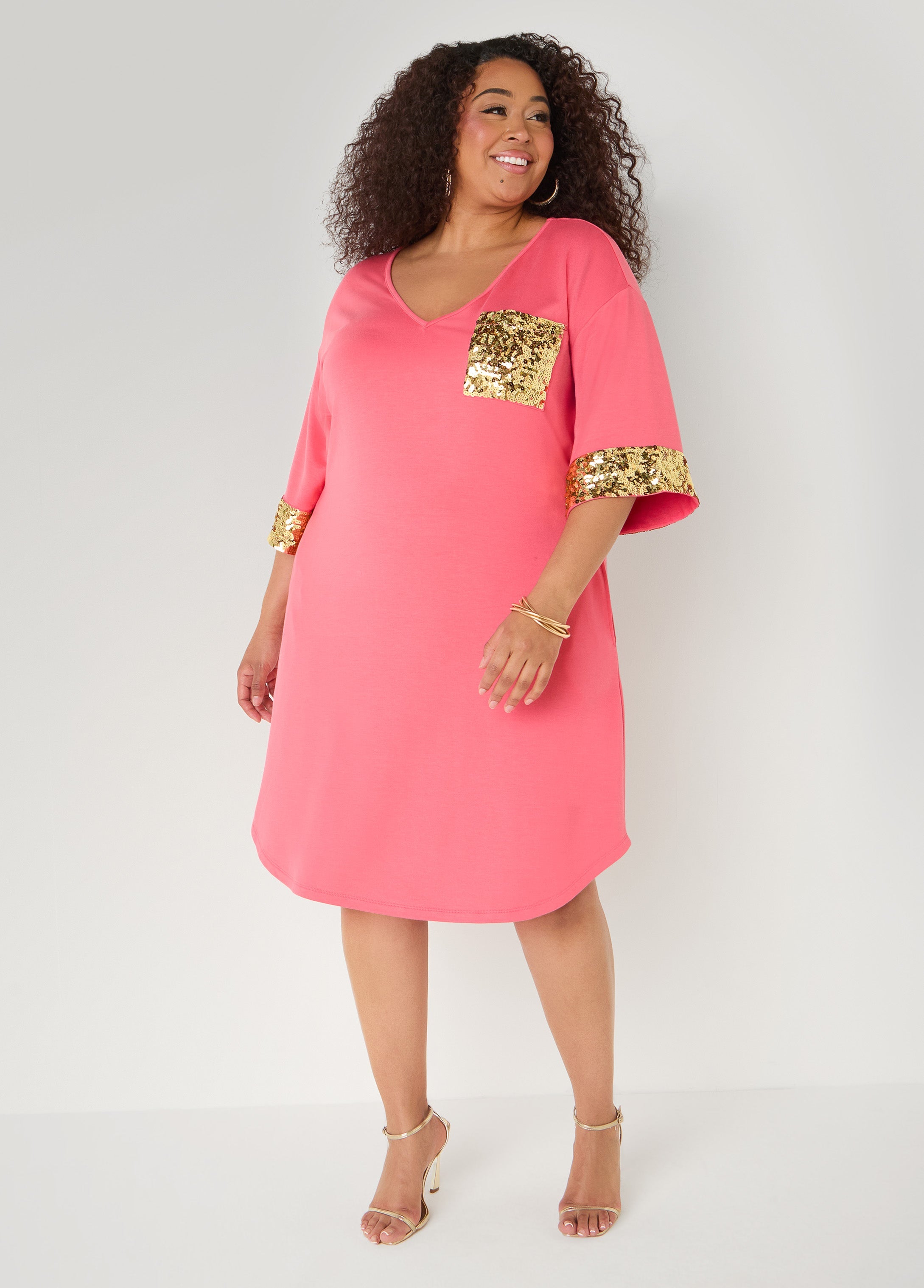 Sequined Terry T Shirt Dress White | Ashley Stewart
