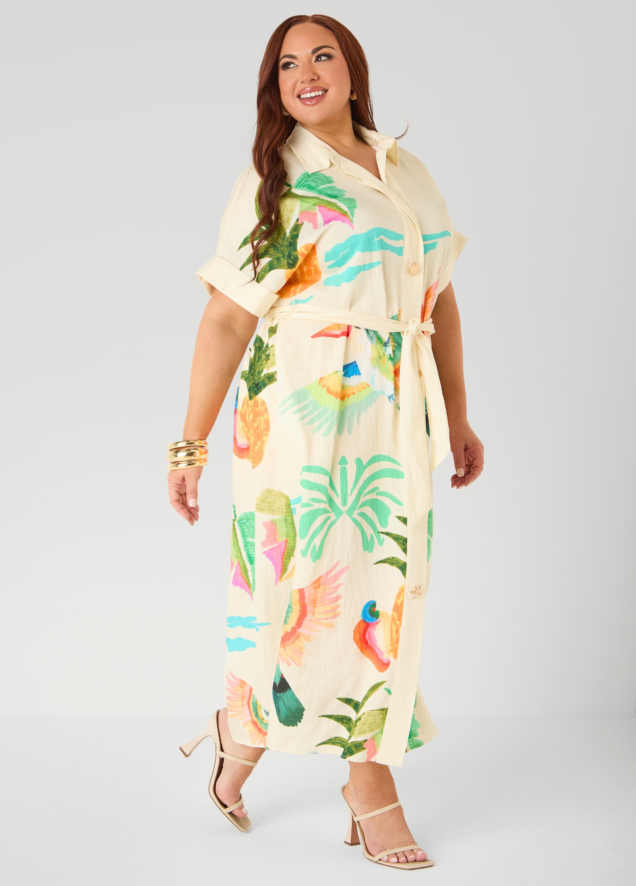 Tropical Print Maxi Shirtdress Caribbean Sea | Ashley Stewart