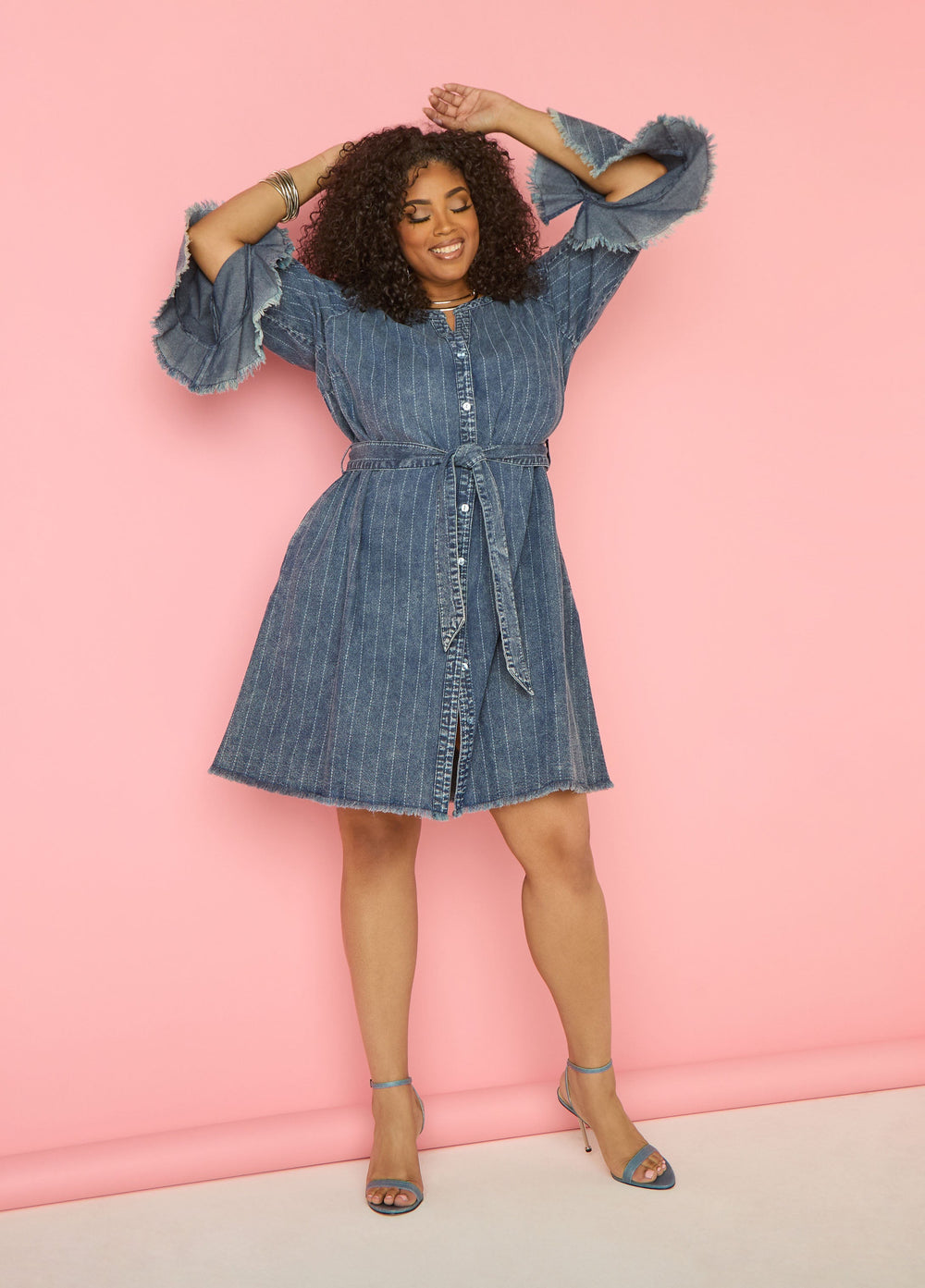 Striped Denim Shirtdress Denim Blue | Ashley Stewart