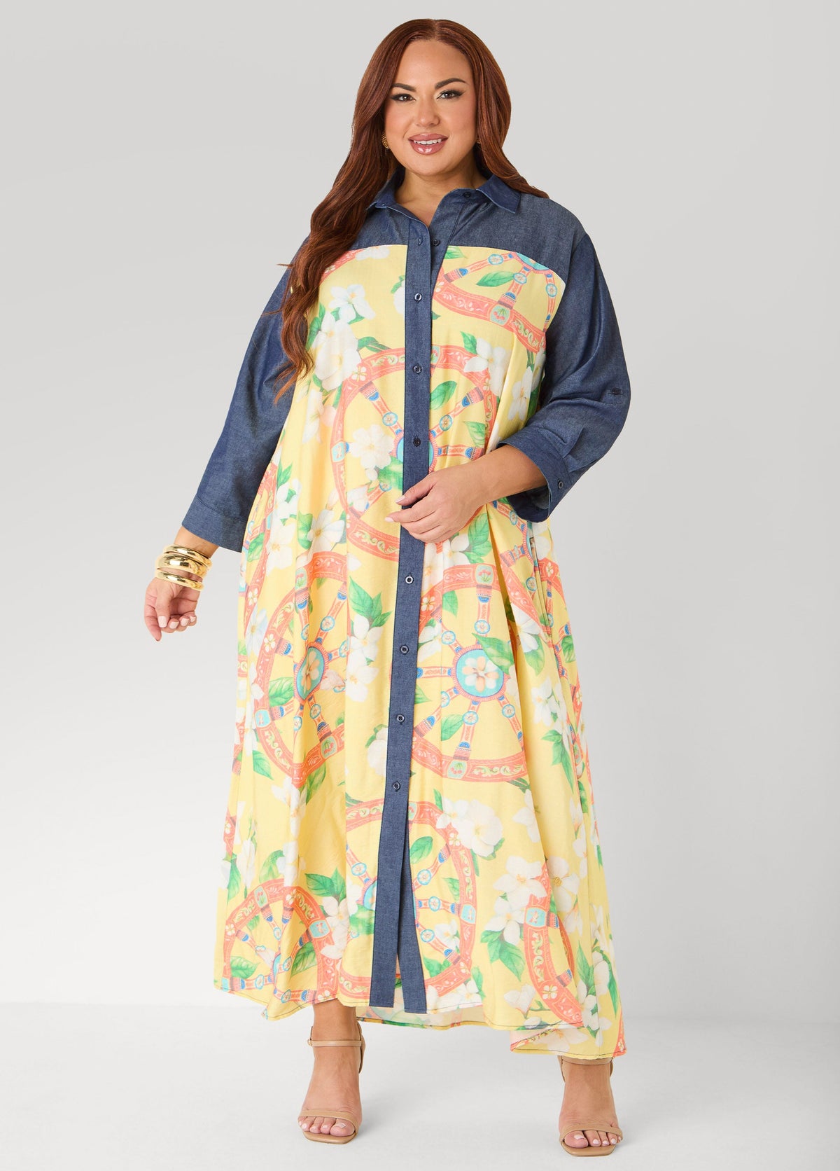 Denim Paneled Printed Shirtdress Yellow | Ashley Stewart