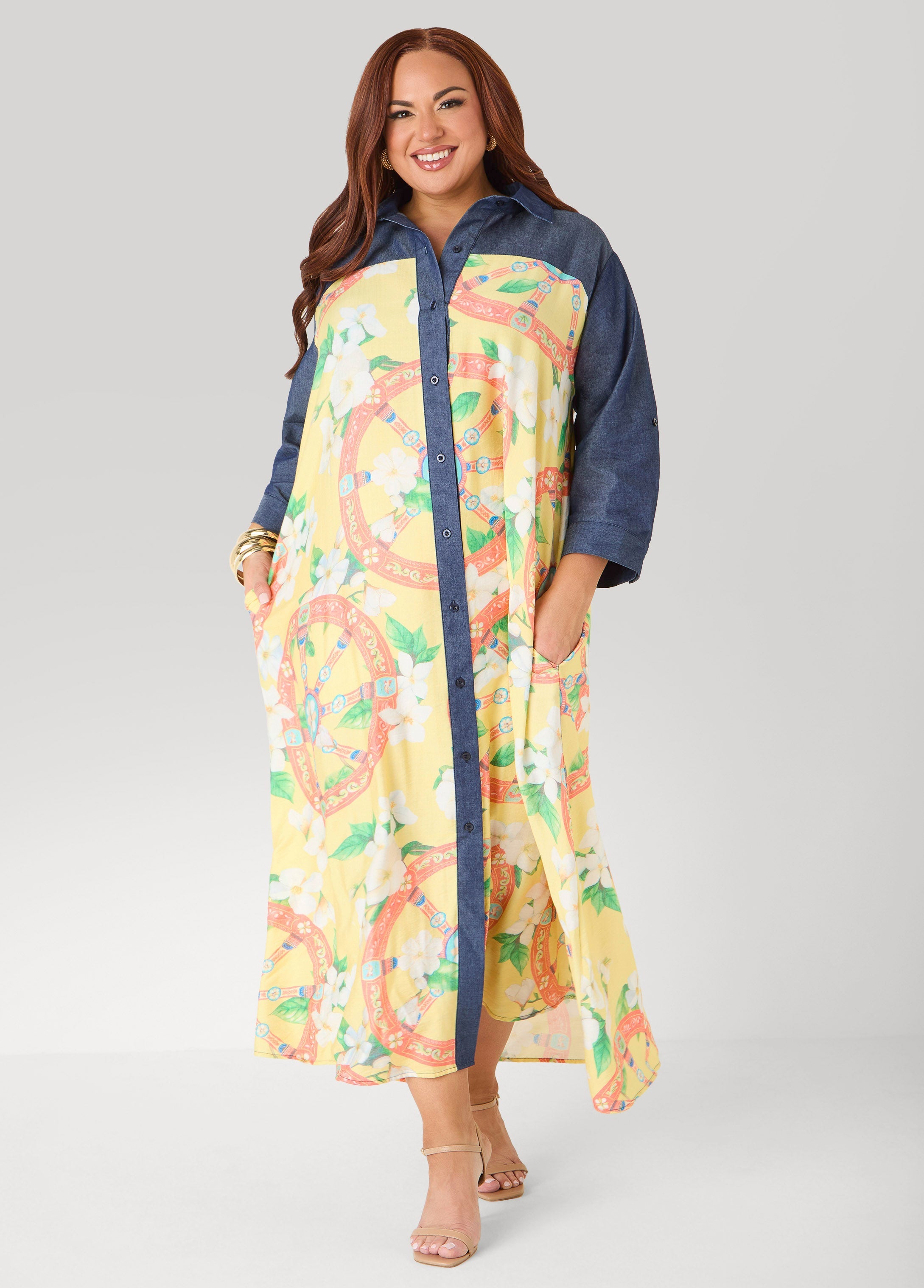 Denim Paneled Printed Shirtdress Yellow | Ashley Stewart