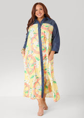 Denim Paneled Printed Shirtdress Yellow | Ashley Stewart