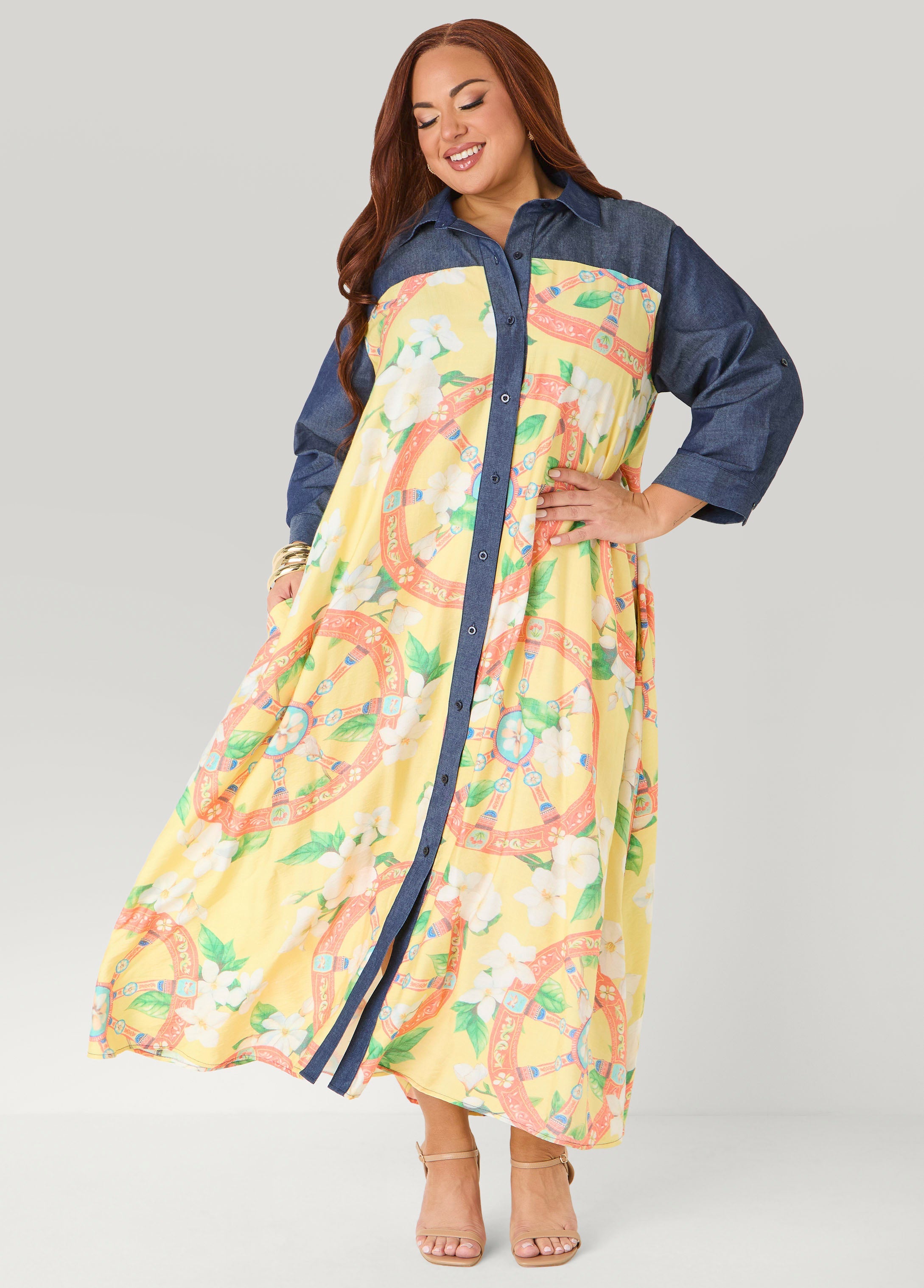 Denim Paneled Printed Shirtdress Yellow | Ashley Stewart