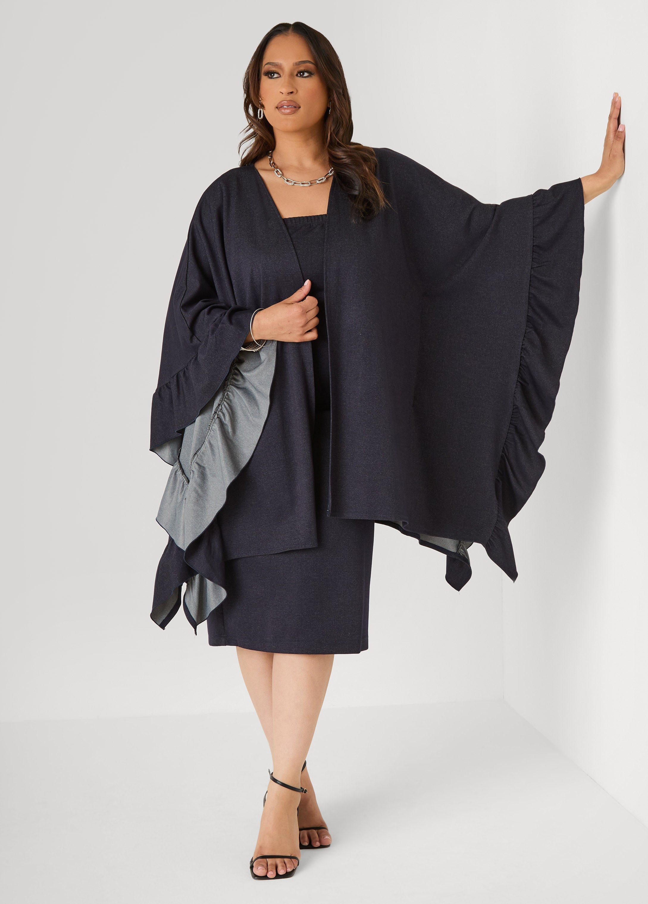 Ruffle Trimmed Denim Kimono Denim | Ashley Stewart