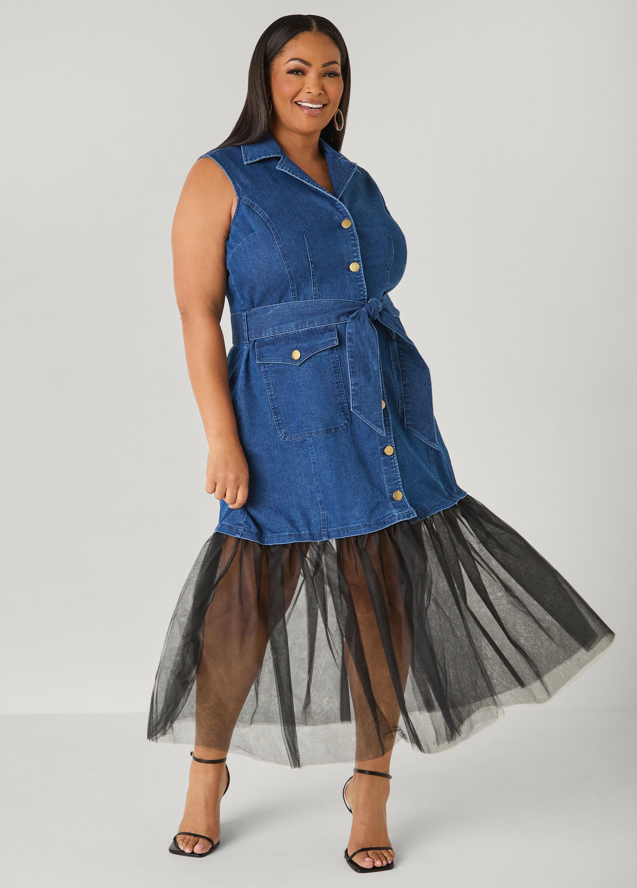 Tulle Paneled Denim Maxi Dress Dk Rinse | Ashley Stewart