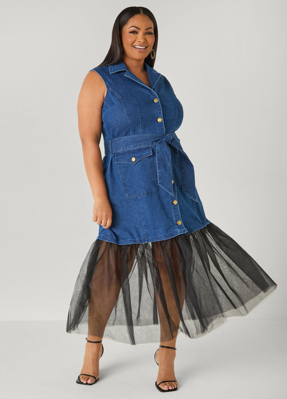 Tulle Paneled Denim Maxi Dress Dk Rinse | Ashley Stewart