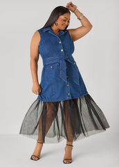 Tulle Paneled Denim Maxi Dress Dk Rinse | Ashley Stewart