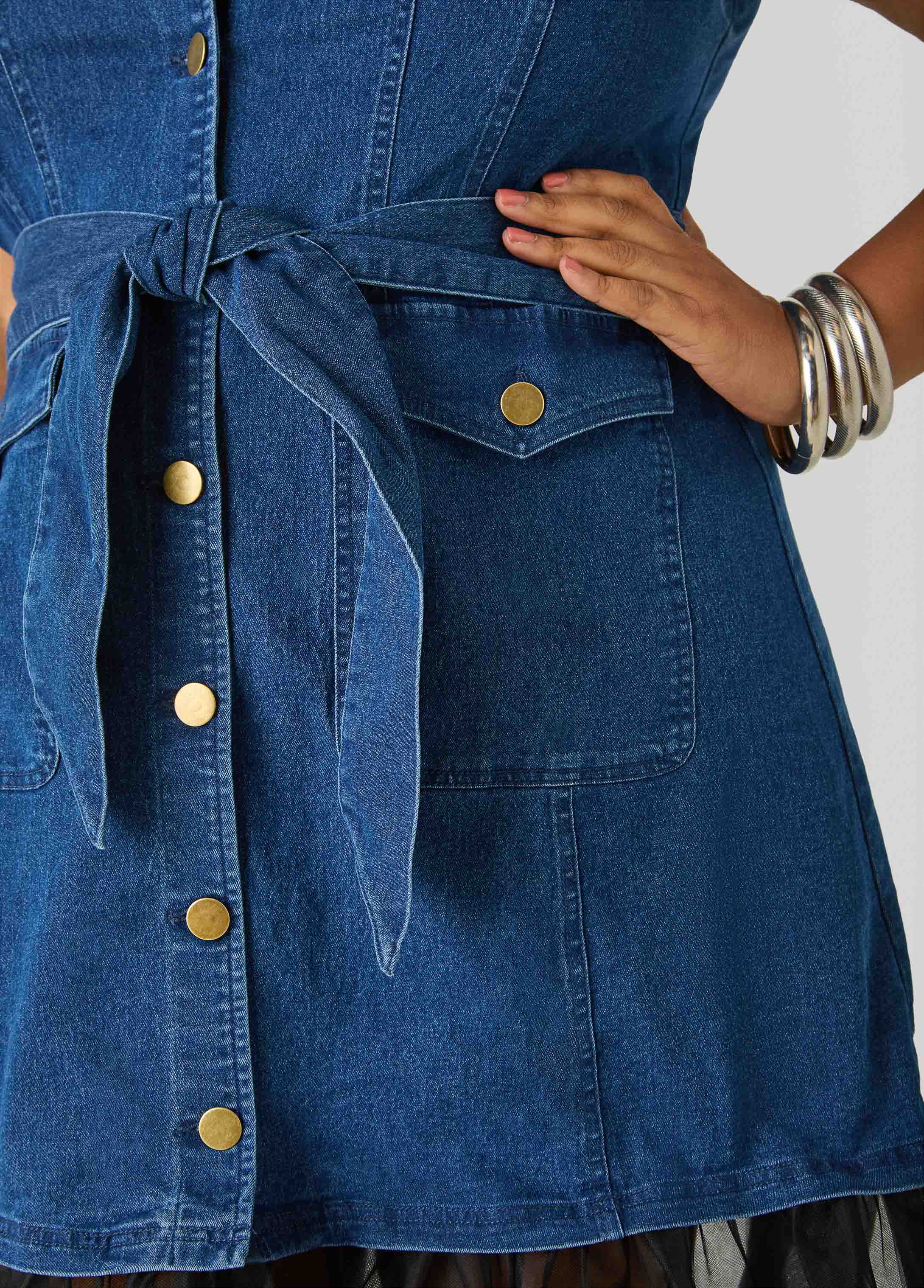Tulle Paneled Denim Maxi Dress Dk Rinse | Ashley Stewart
