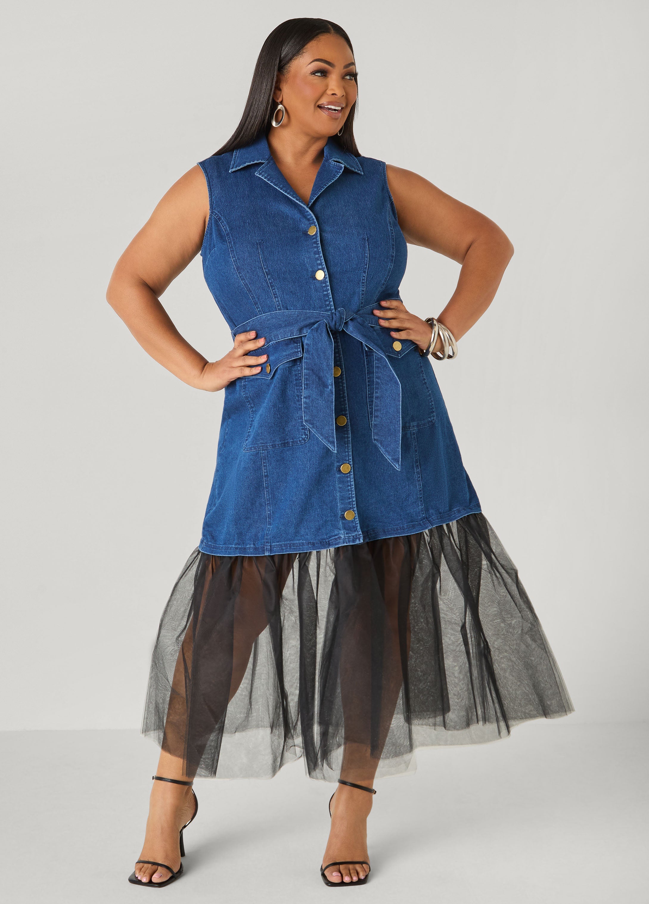 Tulle Paneled Denim Maxi Dress Dk Rinse | Ashley Stewart