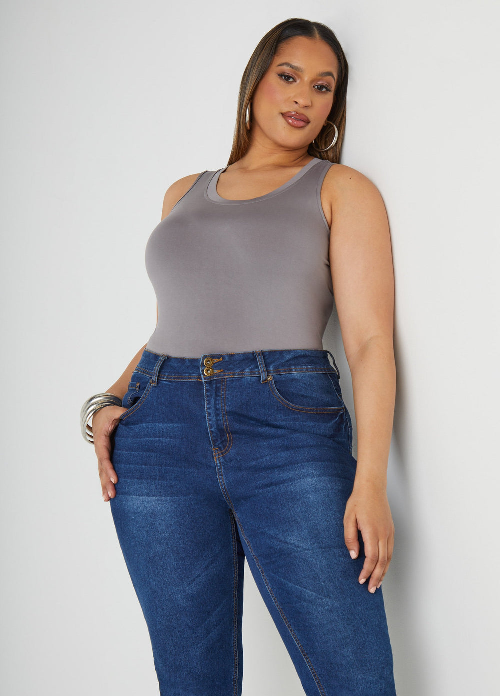 Plus Size Basic Tank Top Loose Plus Size Everyday Basic Knit Cami Iced Coffee | Ashley Stewart