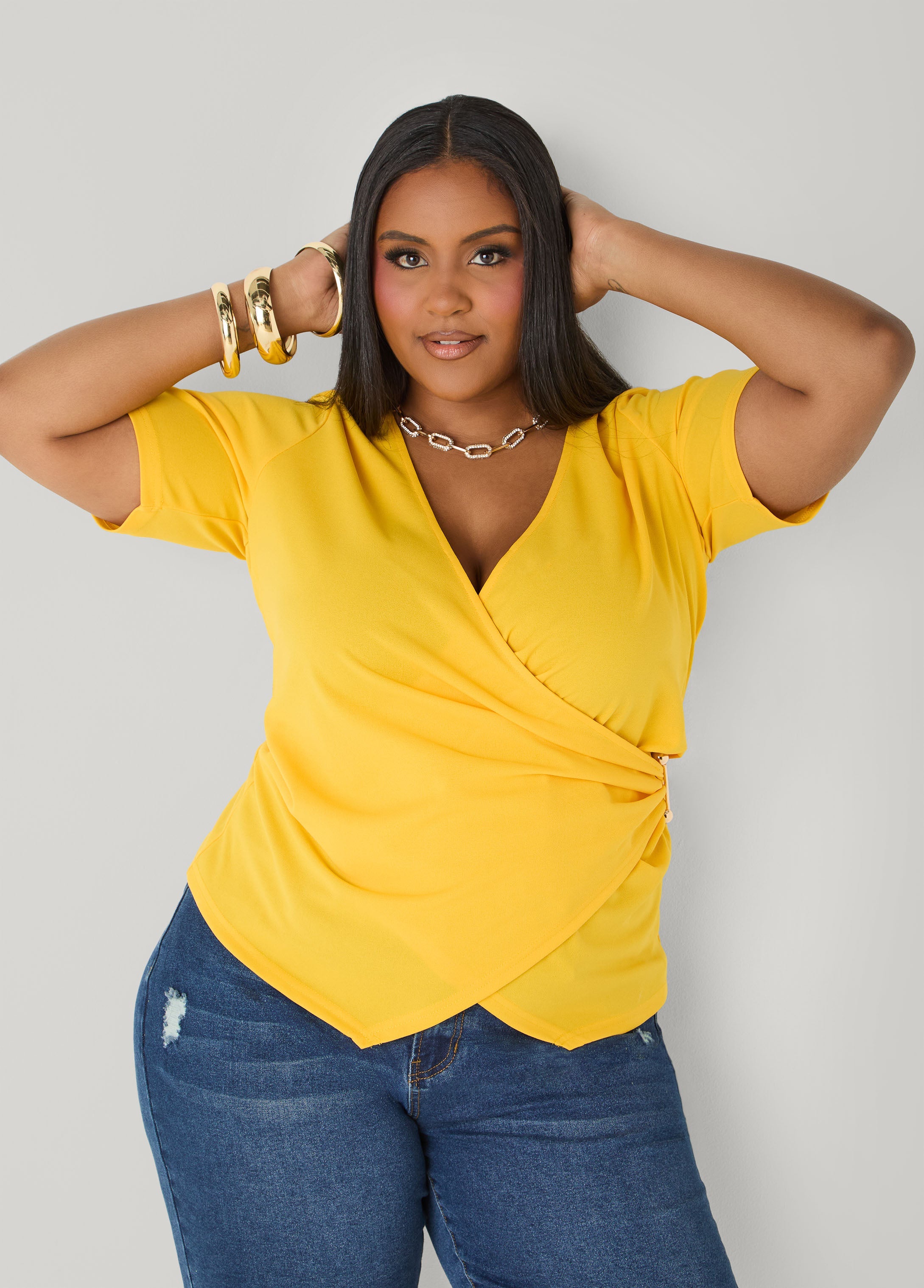 Embellished Faux Wrap Top Spectra Yellow | Ashley Stewart