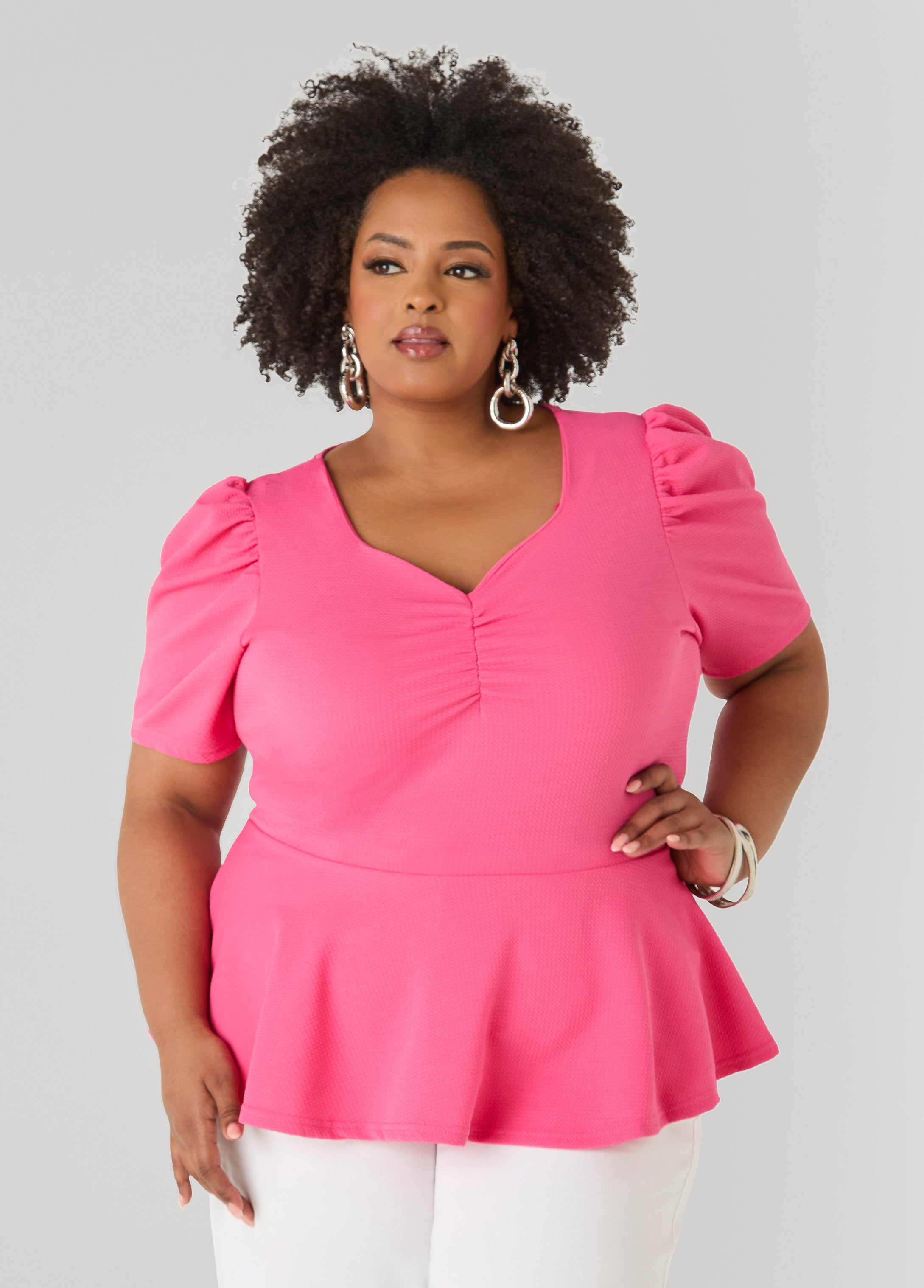 Puff Sleeved Textured Peplum Top Fandango Pink | Ashley Stewart