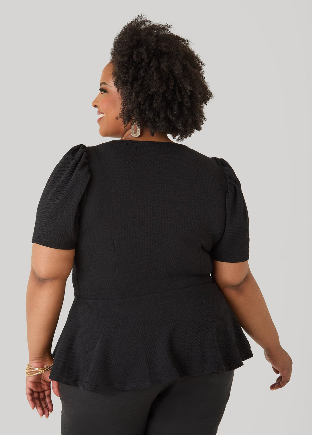 Puff Sleeved Textured Peplum Top Fandango Pink | Ashley Stewart